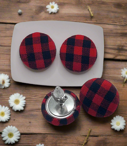 Red & Black Plaid Fabric Button Stud Earrings