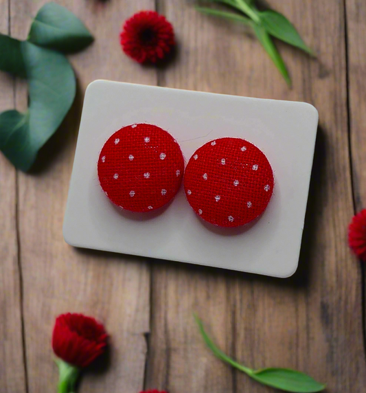 Red Pin Dot Fabric Button Stud Earrings (13mm)