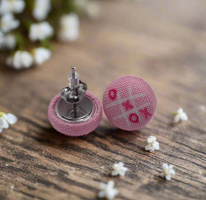 Tic-Tac-Toe Pink Fabric Button Stud Earrings