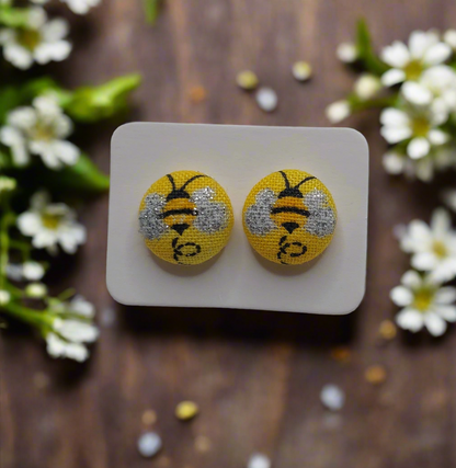 Bee Fabric Button Earrings (13mm)