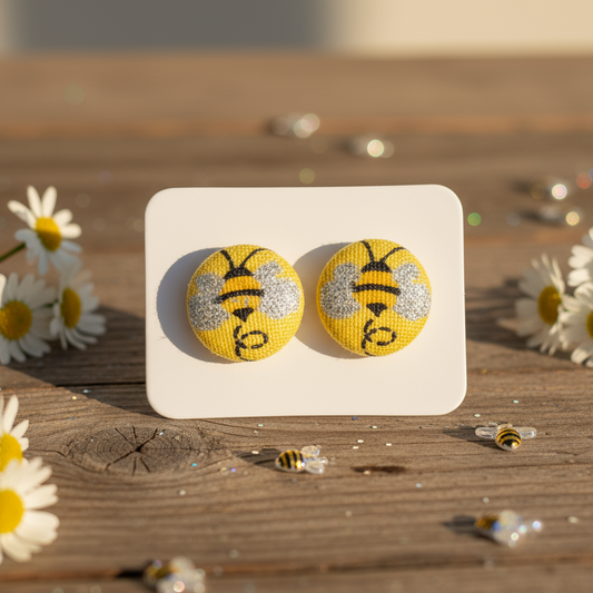 Bee Fabric Button Earrings (13mm)
