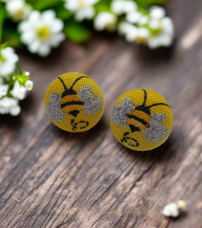 Bee Fabric Button Earrings (13mm)