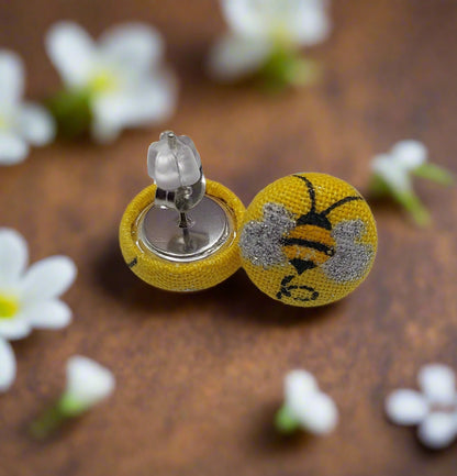 Bee Fabric Button Earrings (13mm)