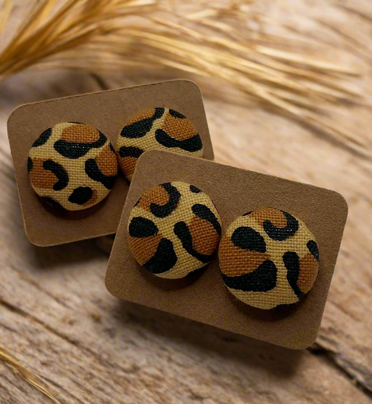 Cheetah Print Fabric Button Stud Earrings (16mm)