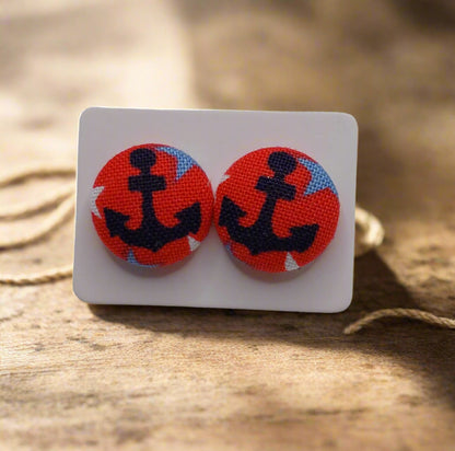 Ahoy! Anchor Fabric Button Stud Earrings (16mm)