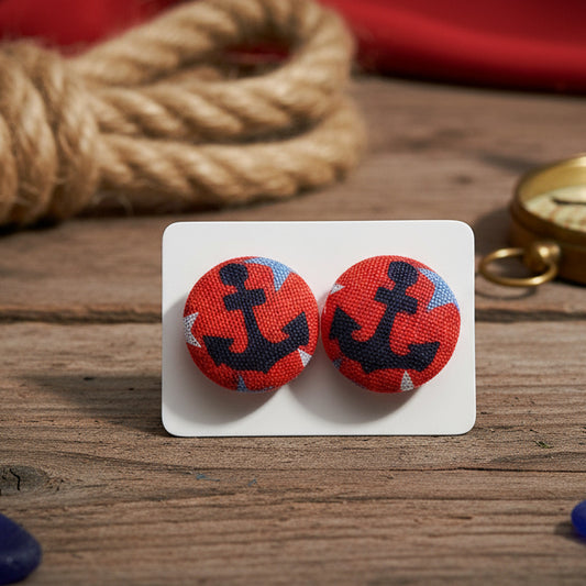 Ahoy! Anchor Fabric Button Stud Earrings (16mm)