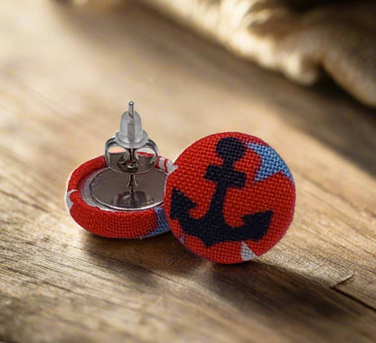 Ahoy! Anchor Fabric Button Stud Earrings (16mm)