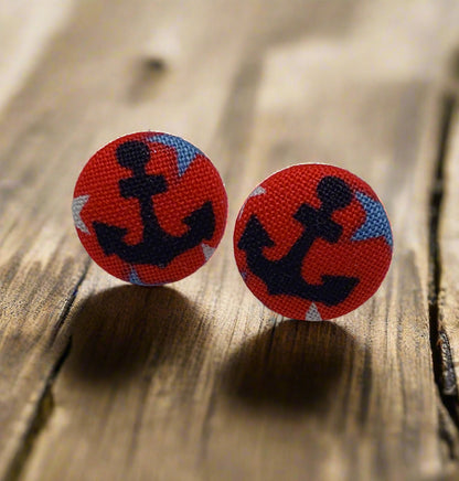 Ahoy! Anchor Fabric Button Stud Earrings (16mm)