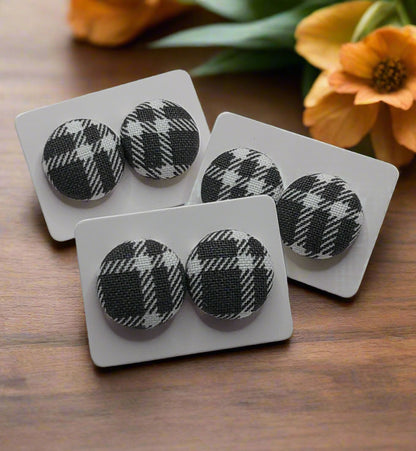 Gray Plaid Fabric Button Stud Earrings (16mm)