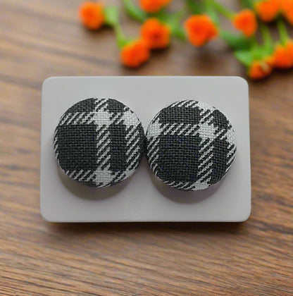 Gray Plaid Fabric Button Stud Earrings (16mm)