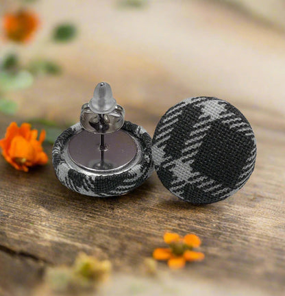 Gray Plaid Fabric Button Stud Earrings (16mm)