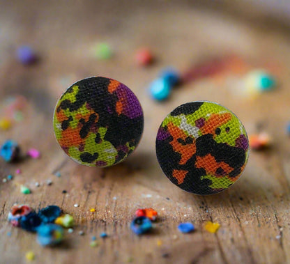 Fluorescent Splatter Fabric Button Earrings