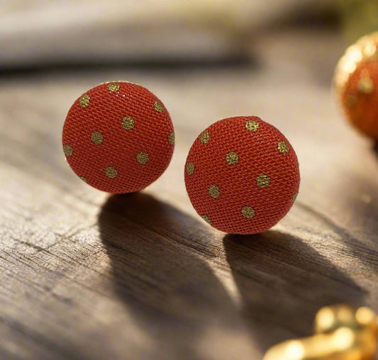 Burnt Orange & Gold Dot Fabric Button Earrings