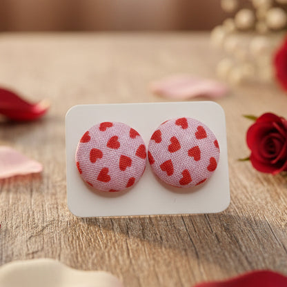 Scattered Hearts Fabric Button Earrings