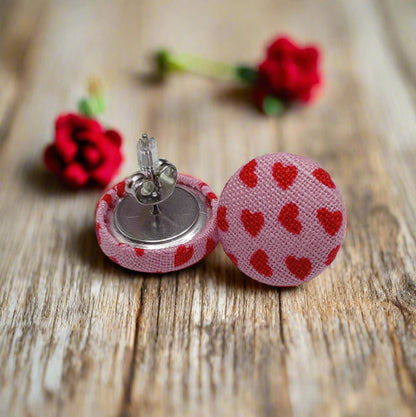 Scattered Hearts Fabric Button Earrings