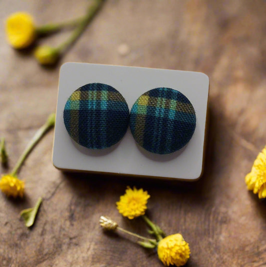 Navy-Green Plaid Fabric Button Earrings