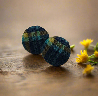 Navy-Green Plaid Fabric Button Earrings