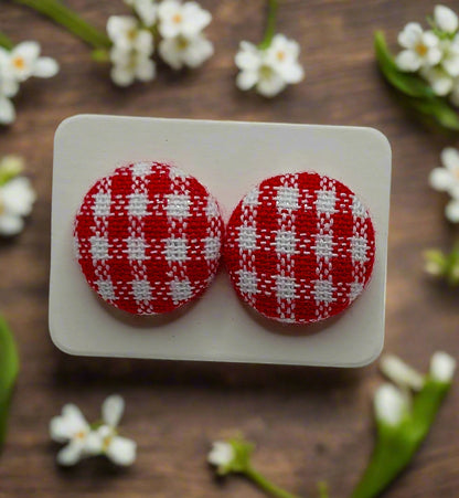 Red Gingham Fabric Button Earrings
