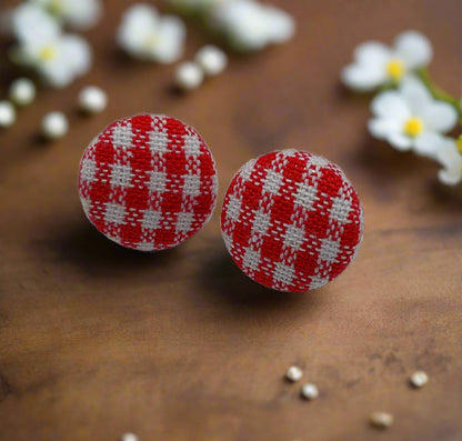 Red Gingham Fabric Button Earrings