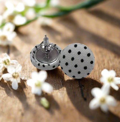 White & Black Polka Dot Fabric Button Earrings (13mm)