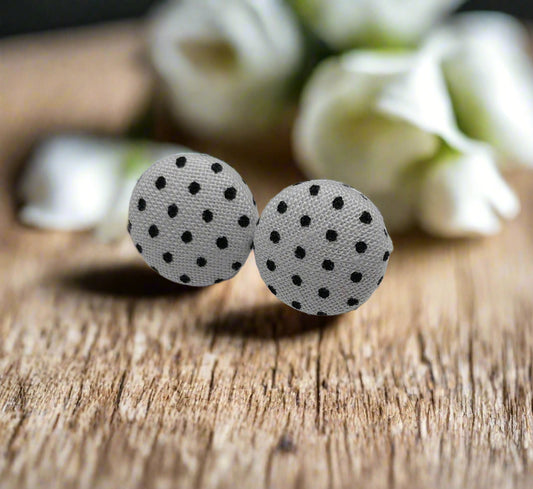 White & Black Polka Dot Fabric Button Earrings (13mm)