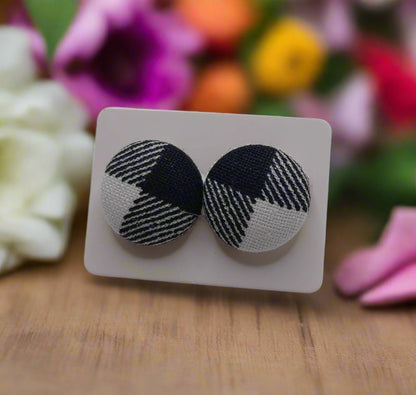 Black & White Checkered Fabric Button Earrings
