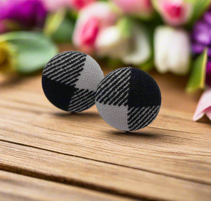 Black & White Checkered Fabric Button Earrings