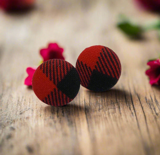 Red & Black Checkered Fabric Button Stud Earrings (16mm)