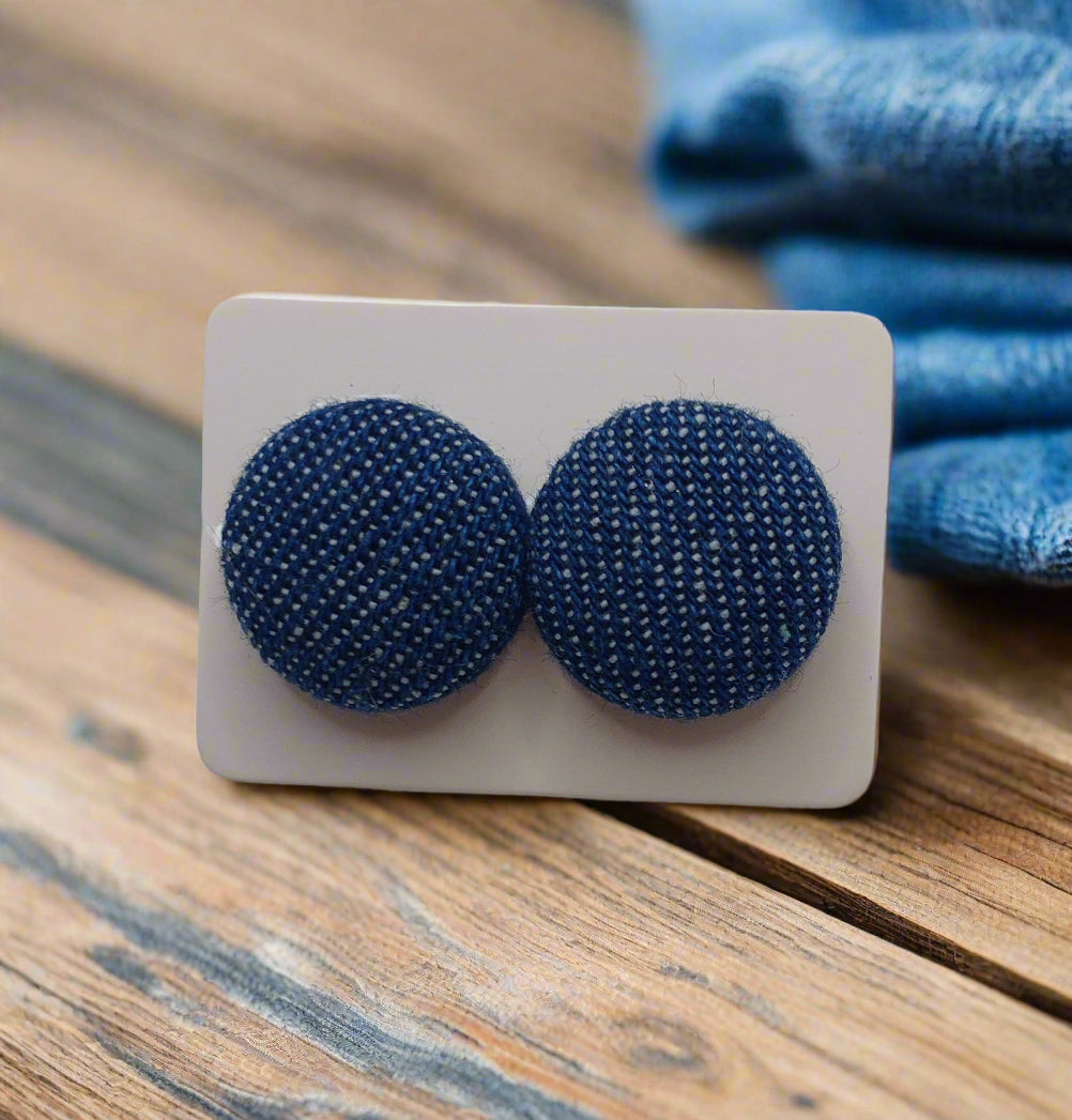 Denim Fabric Button Stud Earrings (16mm)