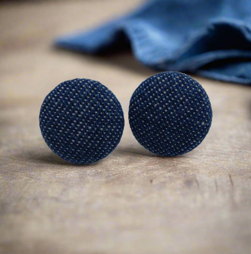 Denim Fabric Button Stud Earrings (16mm)