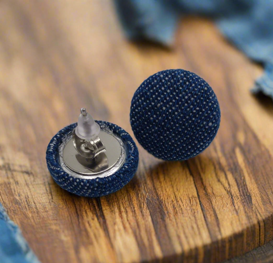 Denim Fabric Button Stud Earrings (16mm)