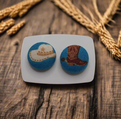 Cowgirl Hat & Boot Fabric Button Earrings