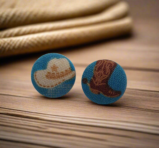 Cowgirl Hat & Boot Fabric Button Earrings