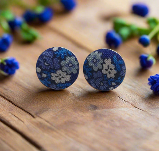 Blue Floral Fabric Button Earrings
