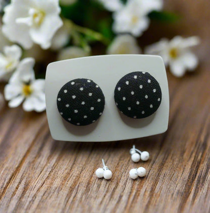 Black Pin Dot Fabric Button Earrings
