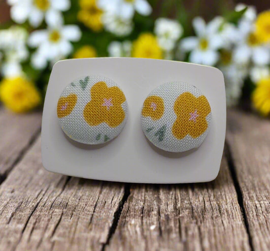 Mustard Blossoms Fabric Button Stud Earrings (16mm)
