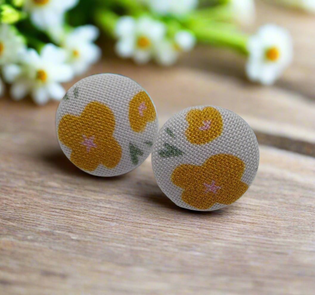 Mustard Blossoms Fabric Button Stud Earrings (16mm)