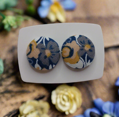 Blue & Gold Floral Fabric Button Earrings