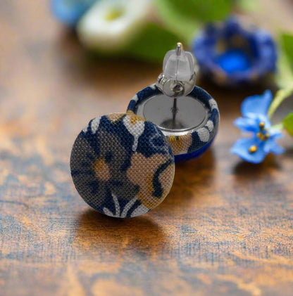 Blue & Gold Floral Fabric Button Earrings