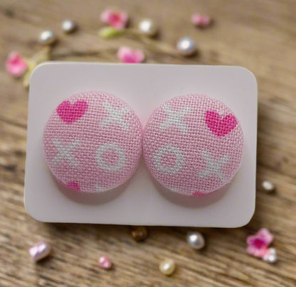 XOXO Pink Fabric Button Earrings