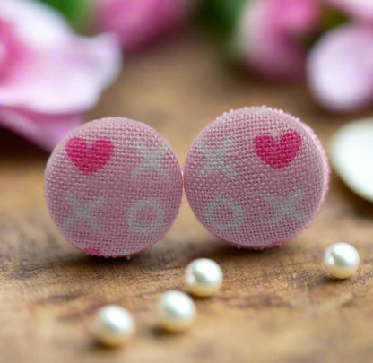XOXO Pink Fabric Button Earrings