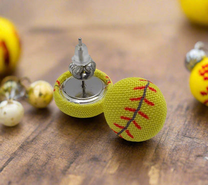 Softball Fabric Button Earrings