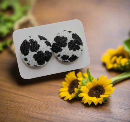 Black Cow Print Fabric Button Earrings (13mm)