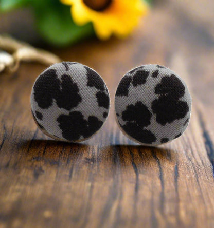 Black Cow Print Fabric Button Earrings (13mm)