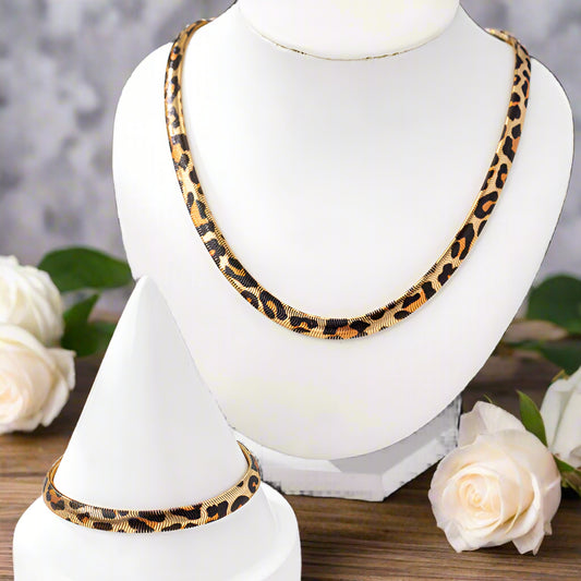 Leopard Print Snake Chain Necklace & Bracelet Set