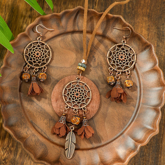Bohemian Style Alloy, Wood, Leather Necklace & Earrings Set (Flower & Feather)