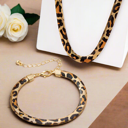 Leopard Print Snake Chain Necklace & Bracelet Set