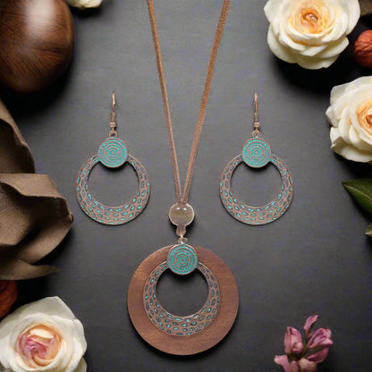 Bohemian Style Copper & Wood Ring Dangle Earrings & Necklaces Set