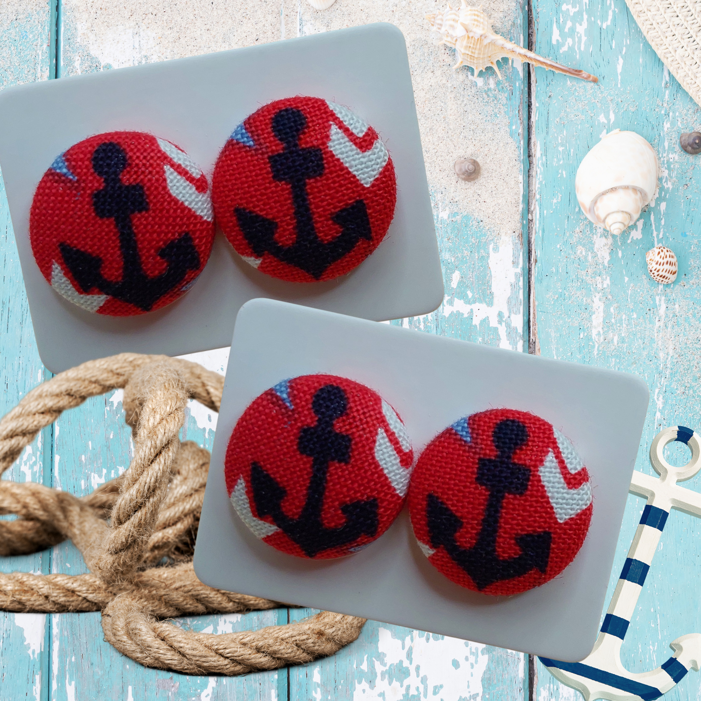 Ahoy! Anchor Fabric Button Stud Earrings (16mm)