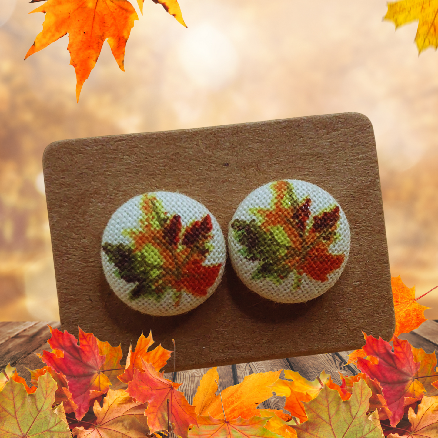 Autumn Leaves Fabric Button Stud Earrings (13mm)